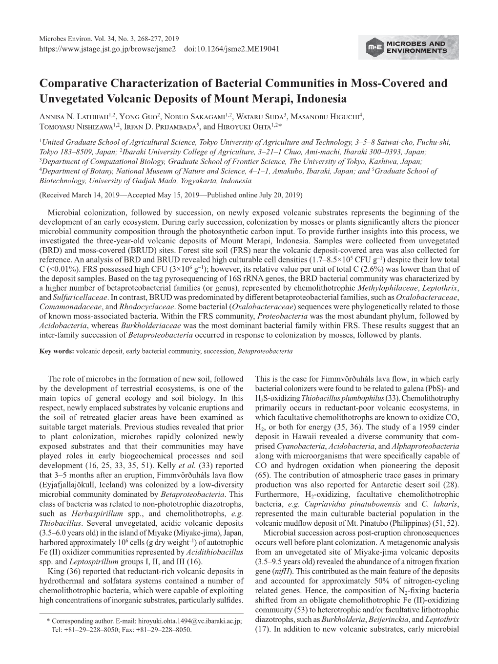 Comparative Characterization of Bacterial Communities in Moss-Covered and Unvegetated Volcanic Deposits of Mount Merapi, Indonesia Annisa N