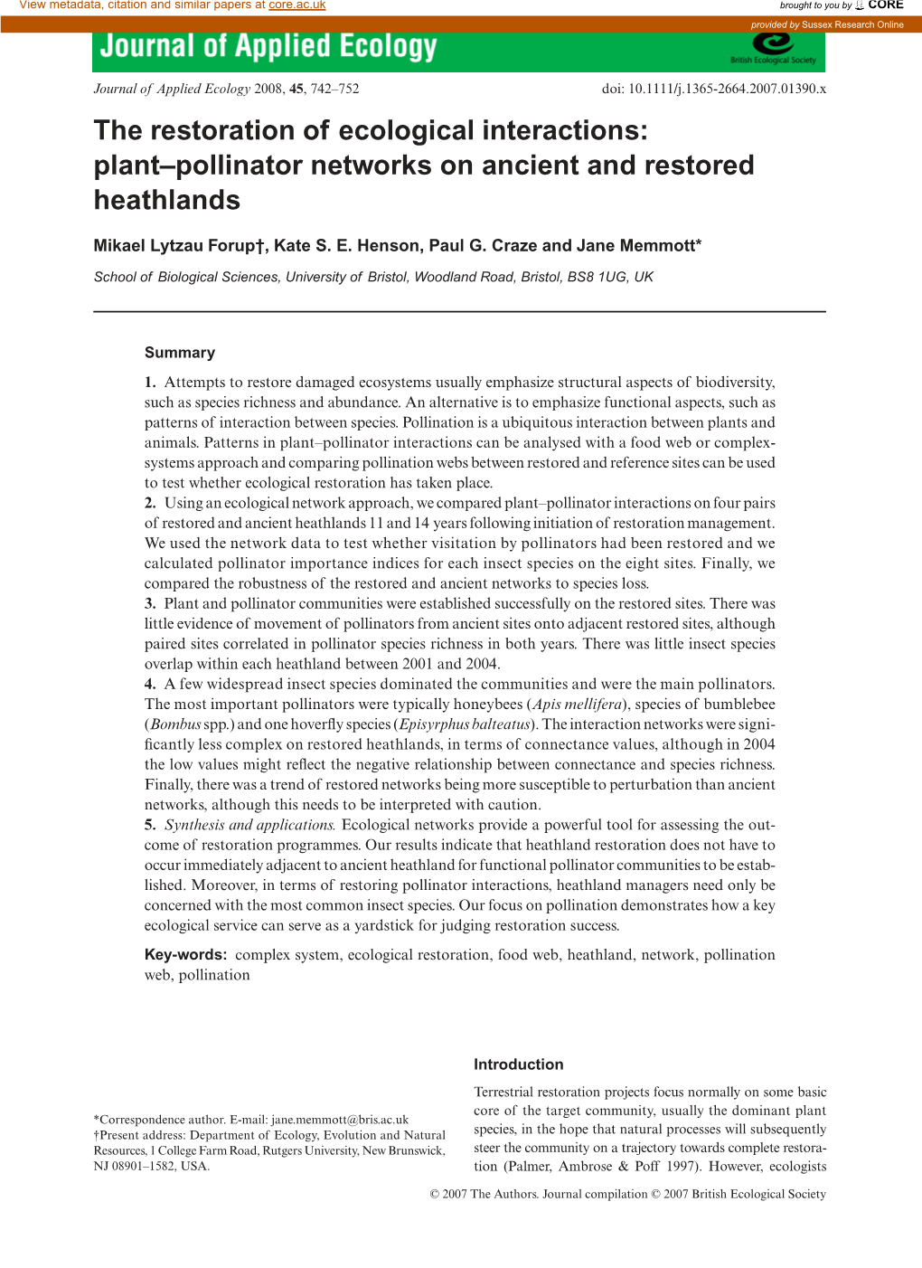 The Restoration of Ecological Interactions: Plant–Pollinator