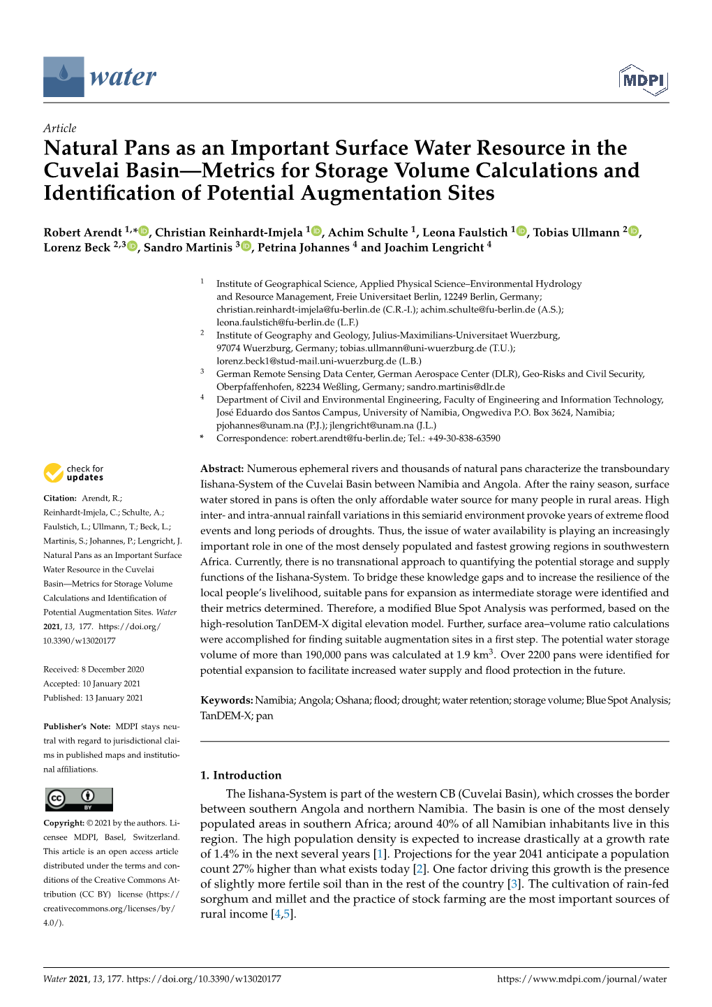 Natural Pans As an Important Surface Water Resource in the Cuvelai Basin—Metrics for Storage Volume Calculations and Identiﬁcation of Potential Augmentation Sites