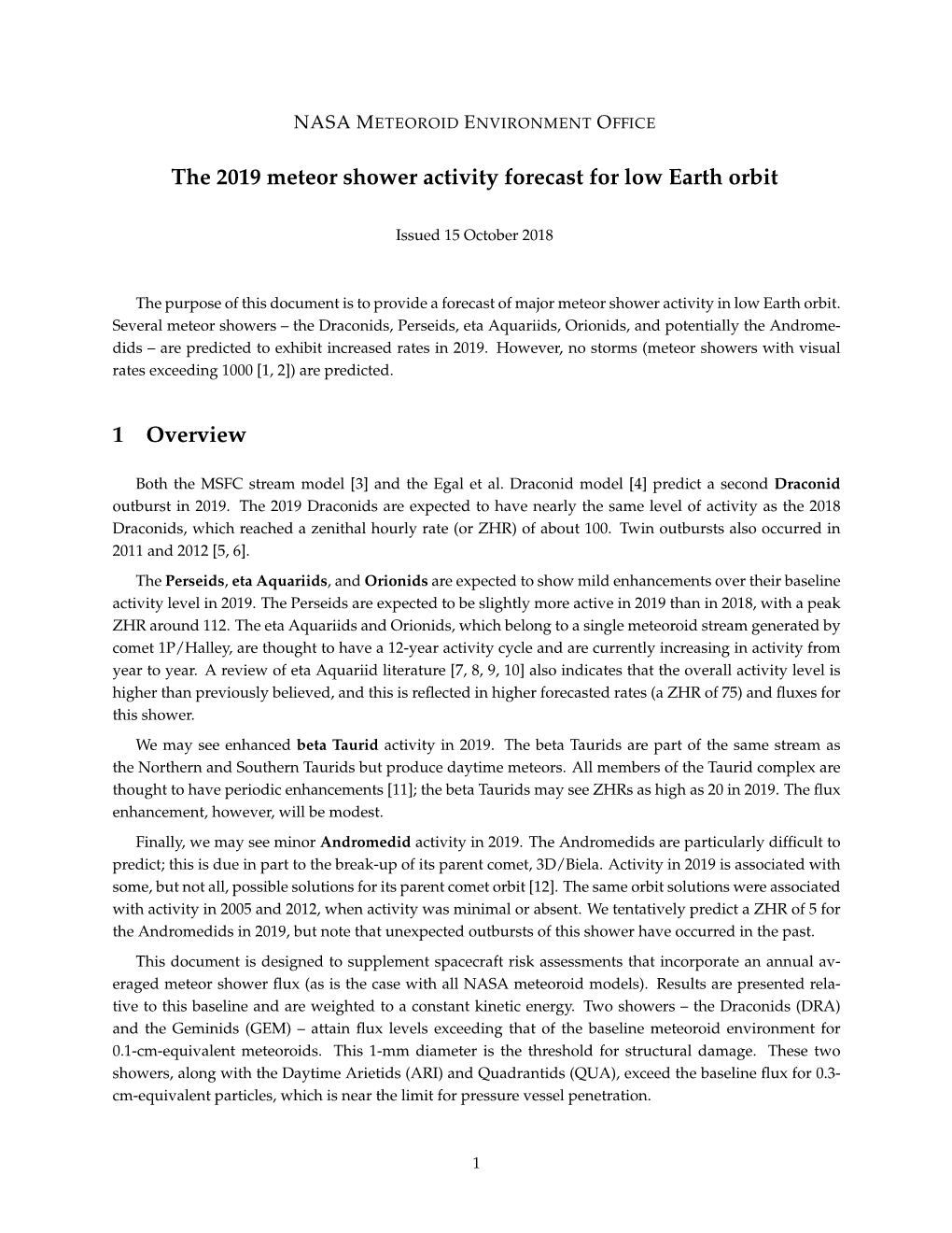 The 2019 Meteor Shower Activity Forecast for Low Earth Orbit 1 Overview