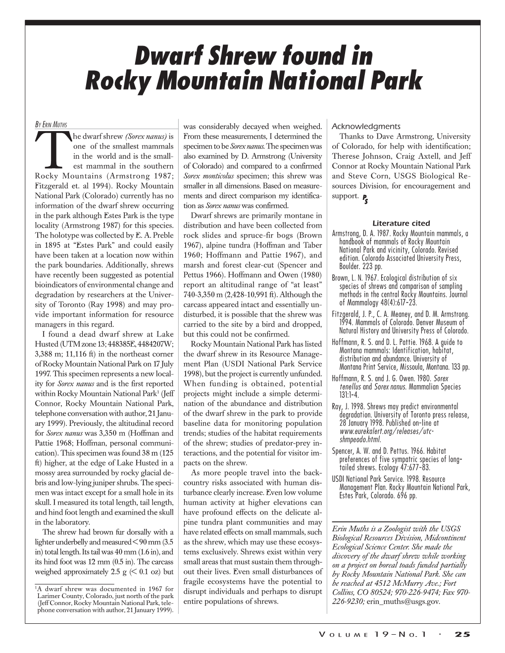 Dwarf Shrew Found in Rocky Mountain National Park