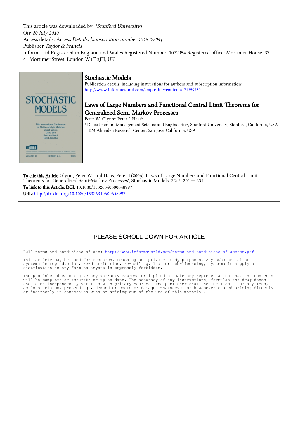 Stochastic Models Laws of Large Numbers and Functional Central