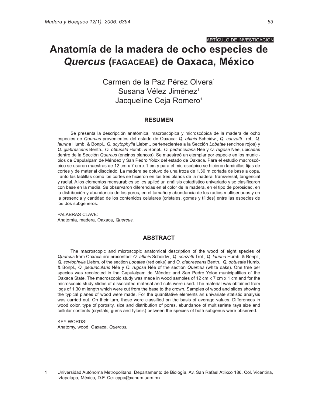 Anatomía De La Madera De Ocho Especies De Quercus (FAGACEAE) De Oaxaca, México