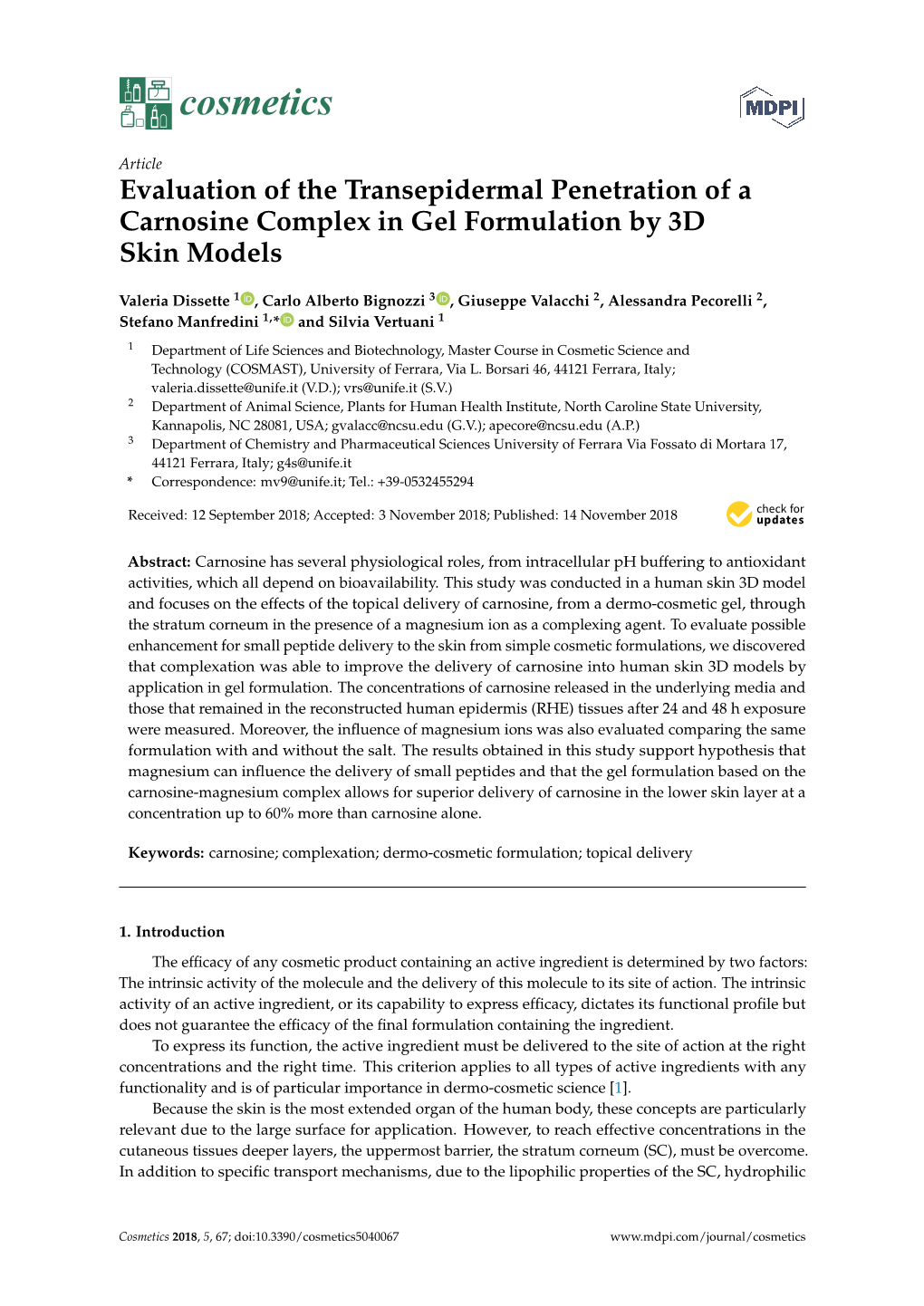 Evaluation of the Transepidermal Penetration of a Carnosine Complex in Gel Formulation by 3D Skin Models