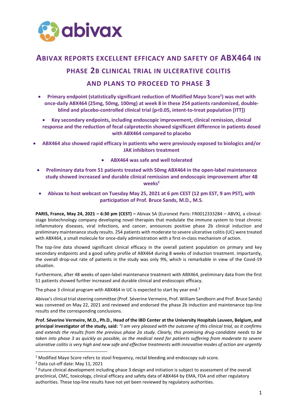 Abivax Reports Excellent Efficacy and Safety of Abx464 in Phase 2B Clinical Trial in Ulcerative Colitis and Plans to Proceed to Phase 3