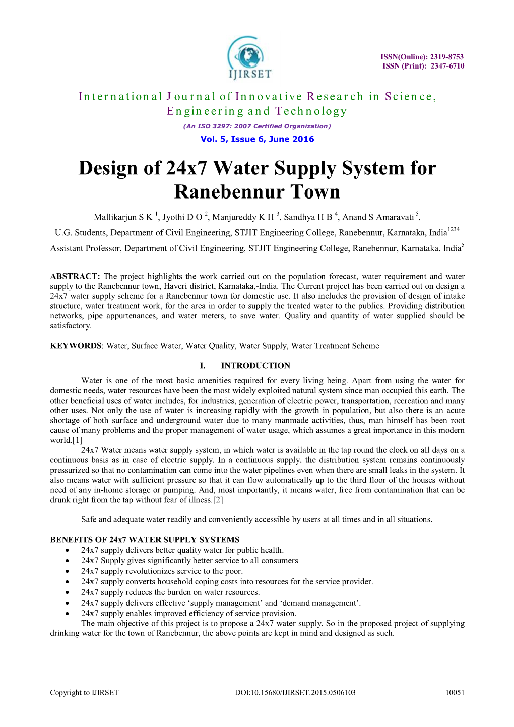 Design of 24X7 Water Supply System for Ranebennur Town