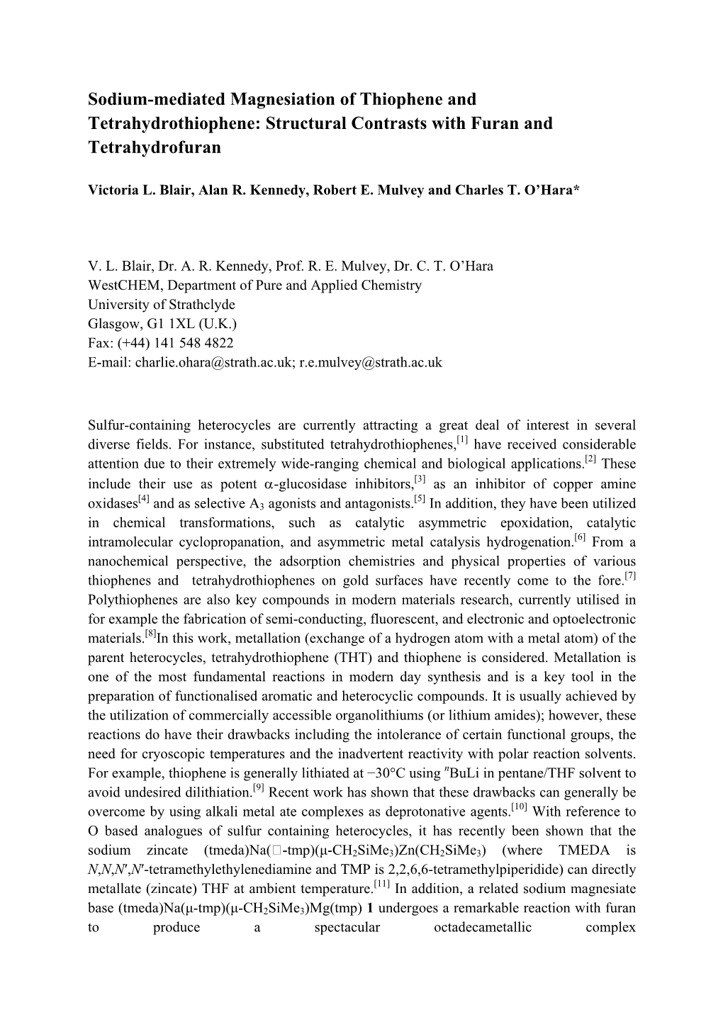 Sodium-Mediated Magnesiation of Thiophene and Tetrahydrothiophene: Structural Contrasts with Furan and Tetrahydrofuran