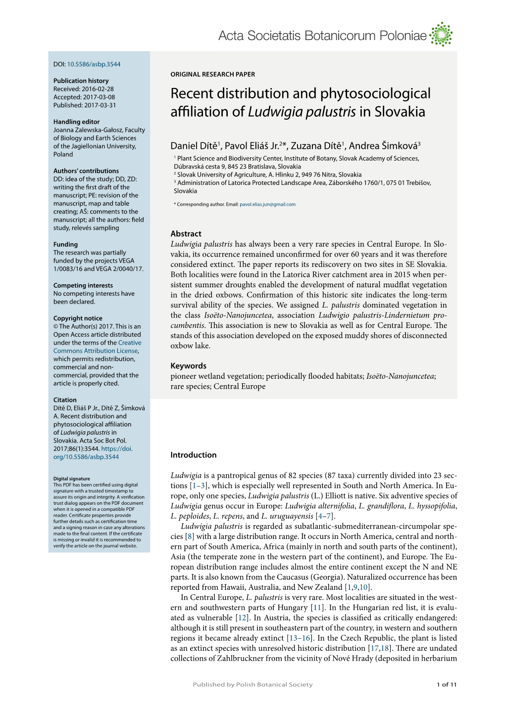 Recent Distribution and Phytosociological Affiliation of Ludwigia Palustris in Slovakia