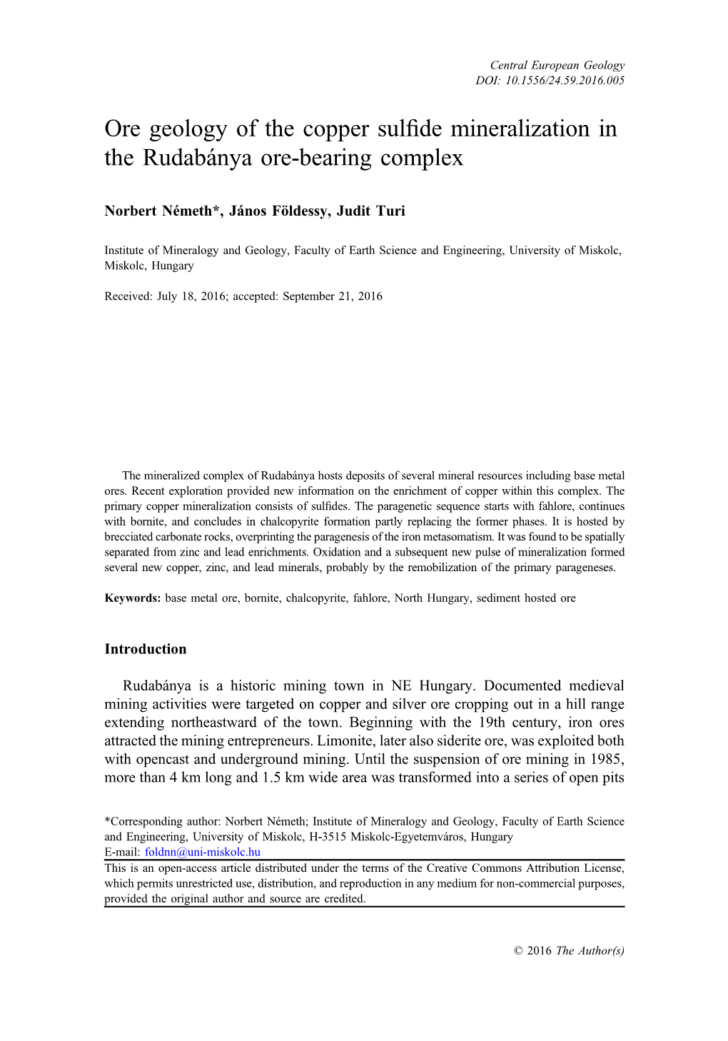 Ore Geology of the Copper Sulfide Mineralization in the Rudabánya Ore-Bearing Complex