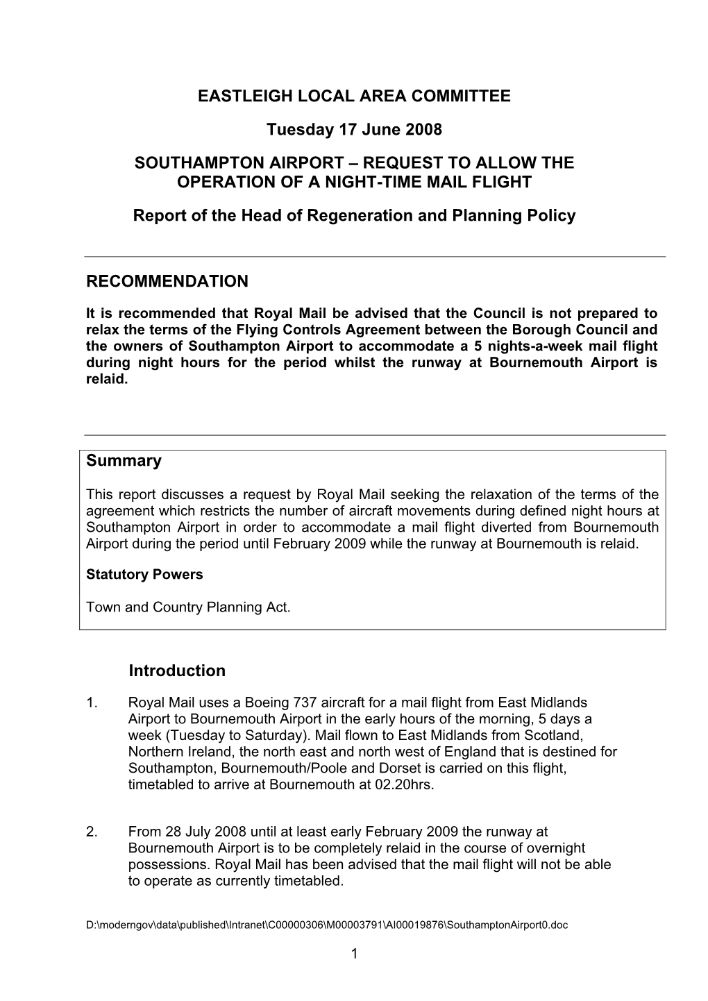 Southampton Airport – Request to Allow the Operation of Night-Time