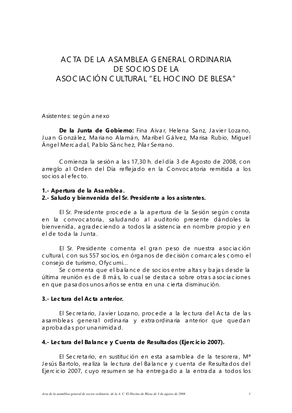 Asamblea General Ordinaria De Socios De La Asociación Cultural “El Hocino De Blesa”