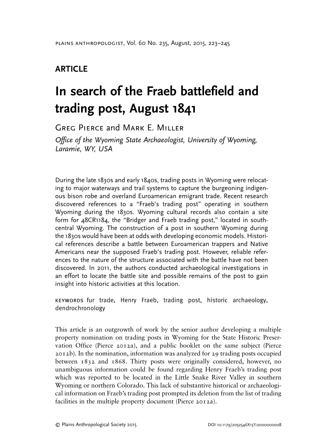 In Search of the Fraeb Battlefield and Trading Post, August 1841 Greg Pierce and Mark E