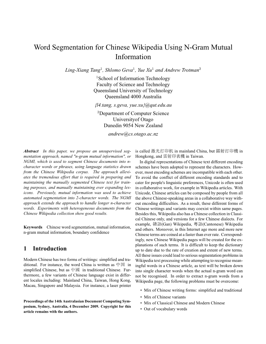 Word Segmentation for Chinese Wikipedia Using N-Gram Mutual Information