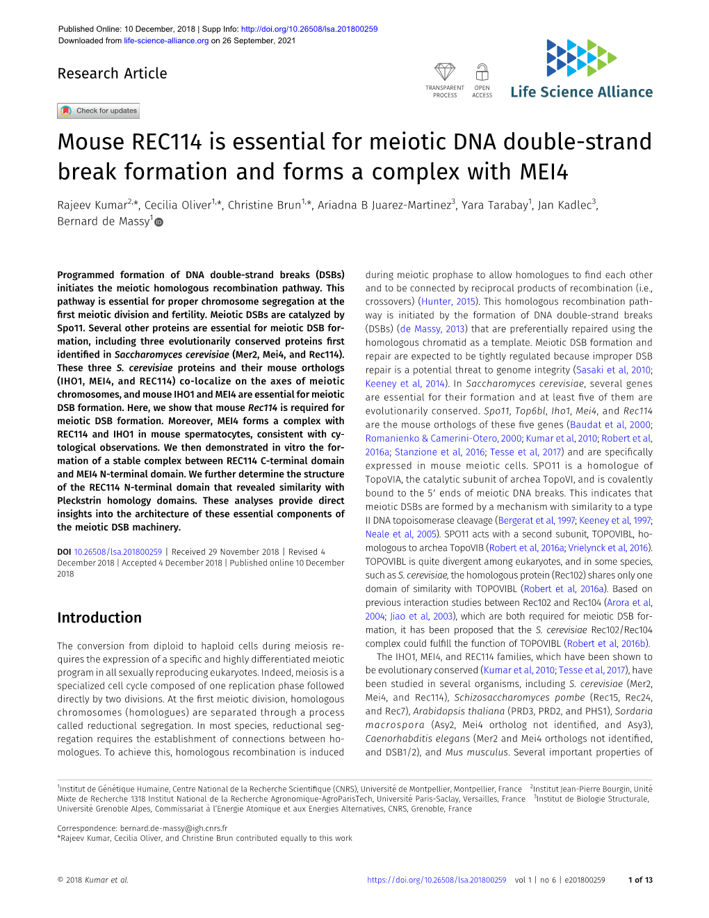 Mouse REC114 Is Essential for Meiotic DNA Double-Strand Break Formation and Forms a Complex with MEI4