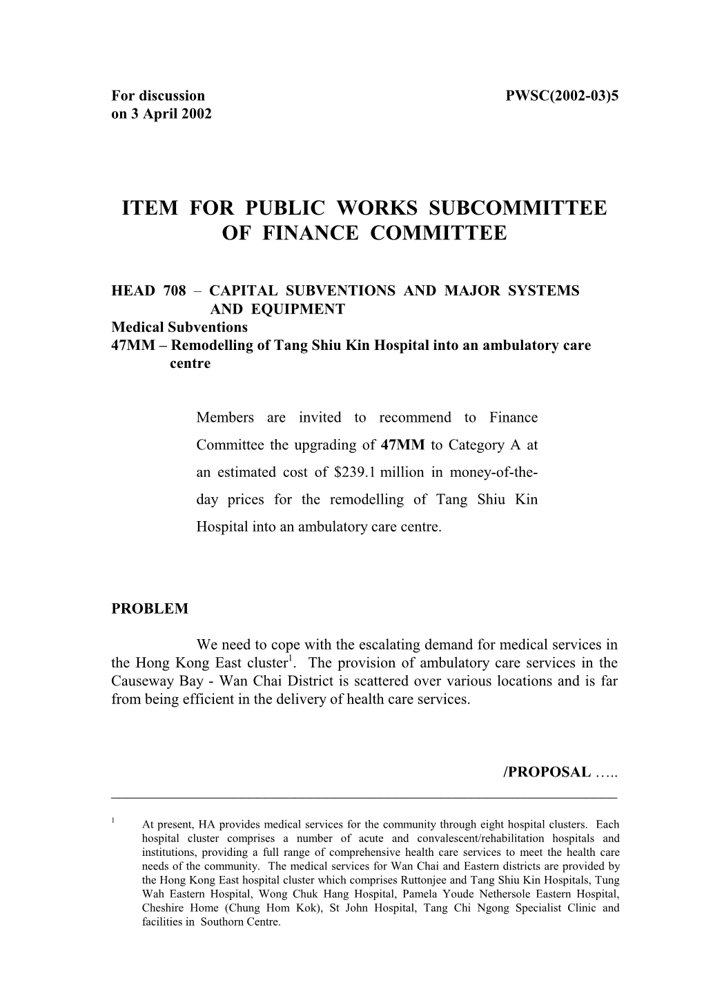 Item for Public Works Subcommittee of Finance Committee