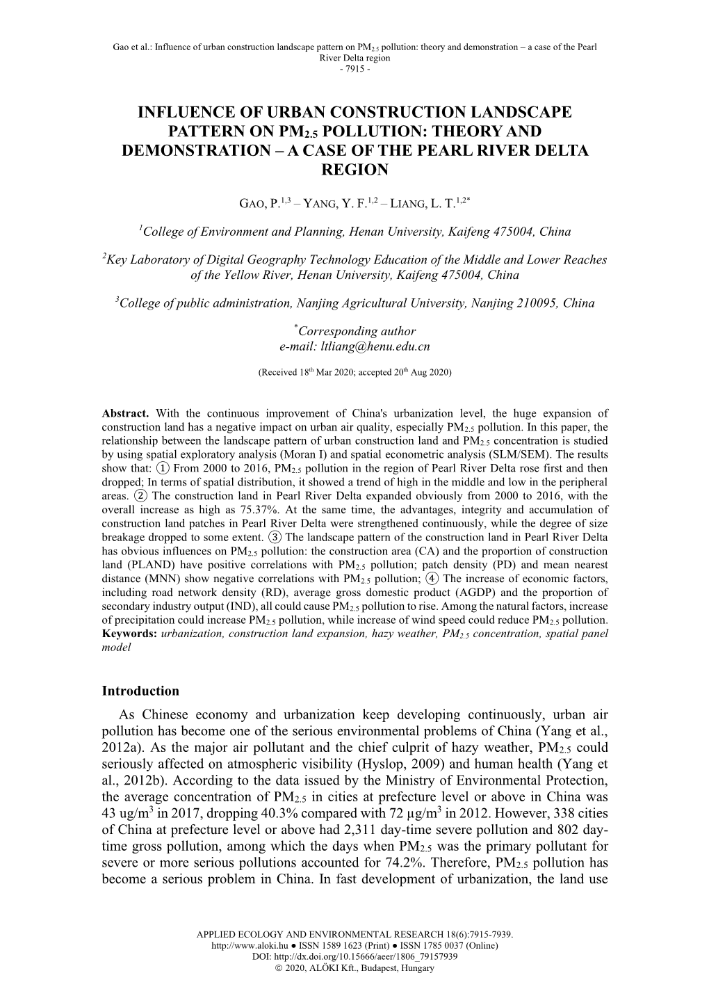 Influence of Urban Construction Landscape Pattern on Pm 2.5 Pollution