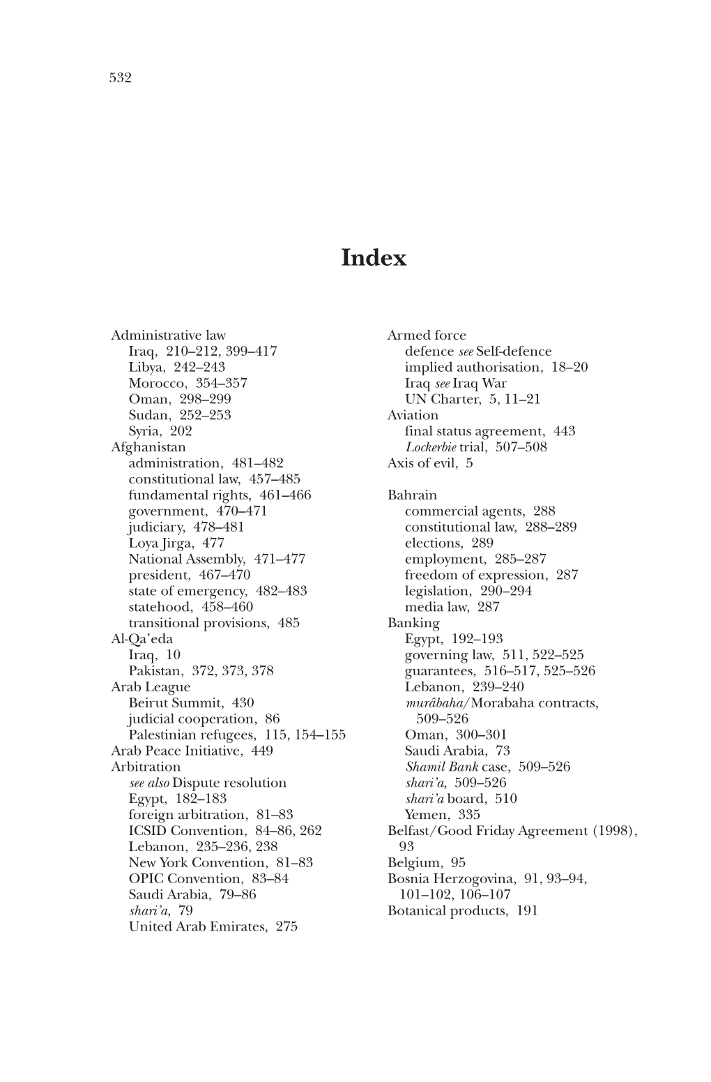 532 Administrative Law Iraq, 210–212, 399–417 Libya, 242–243 Morocco, 354–357 Oman, 298–299 Sudan, 252–253 Syri