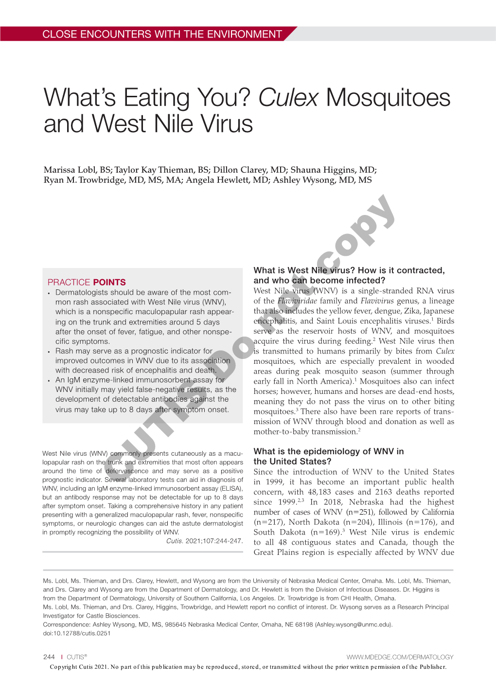 Culex Mosquitoes and West Nile Virus