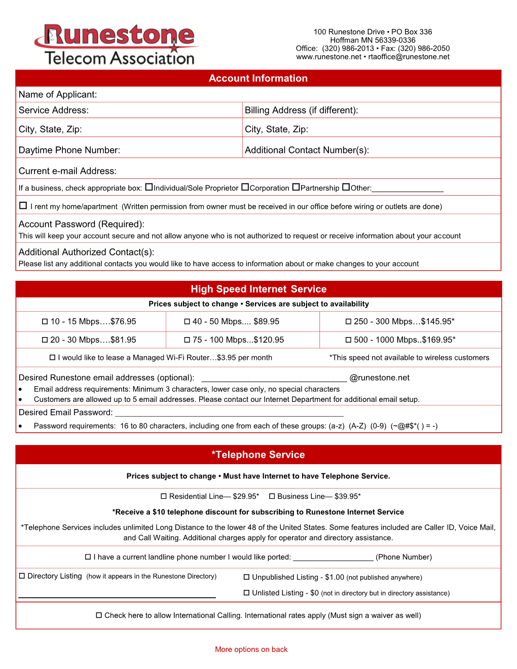 Account Information High Speed Internet Service *Telephone