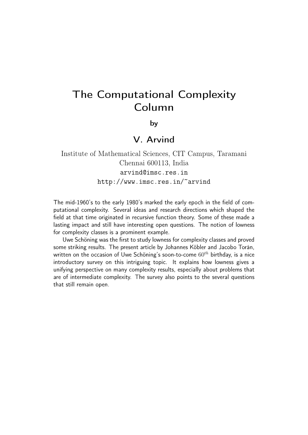 The Computational Complexity Column by V