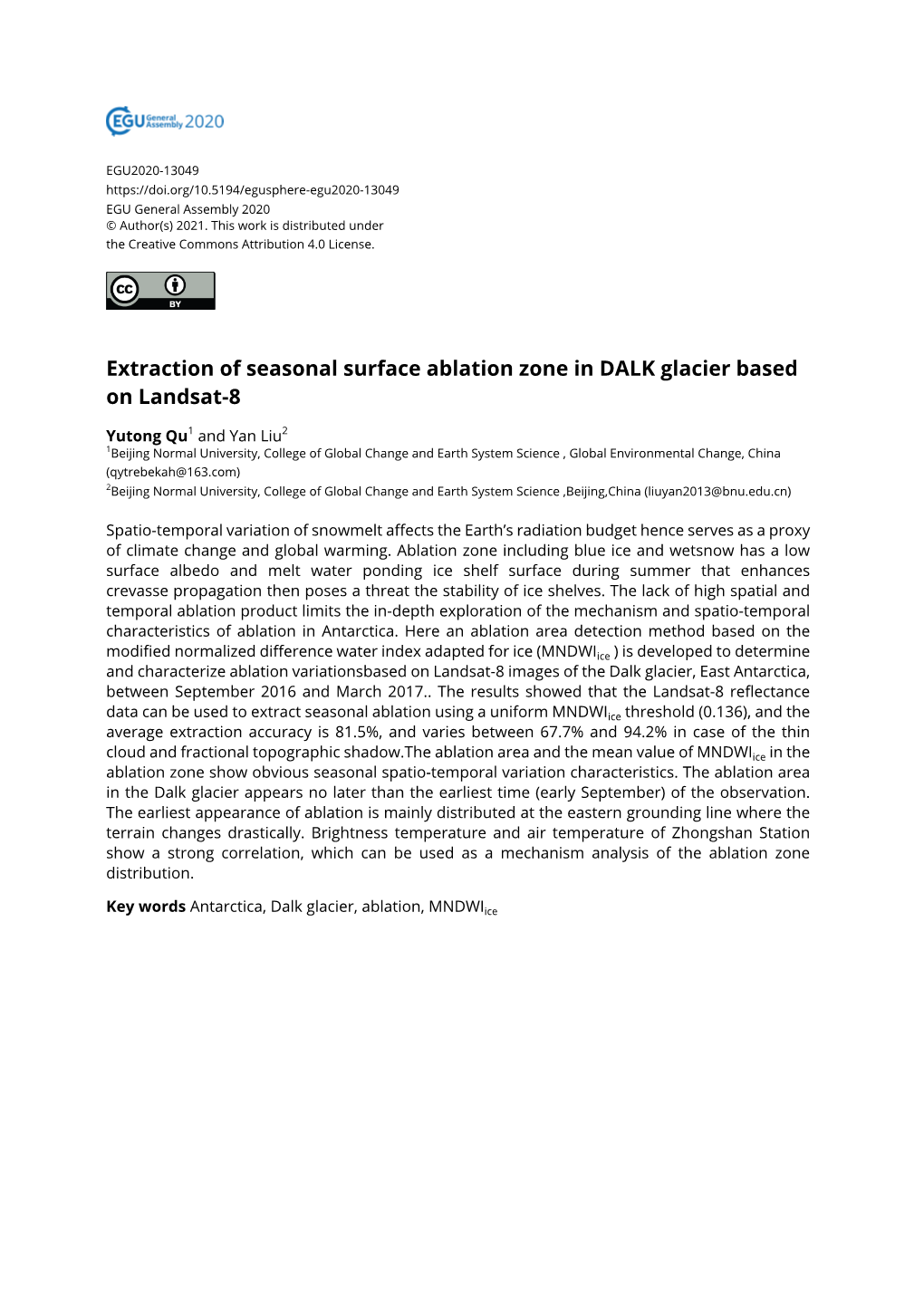 Extraction of Seasonal Surface Ablation Zone in DALK Glacier Based on Landsat-8