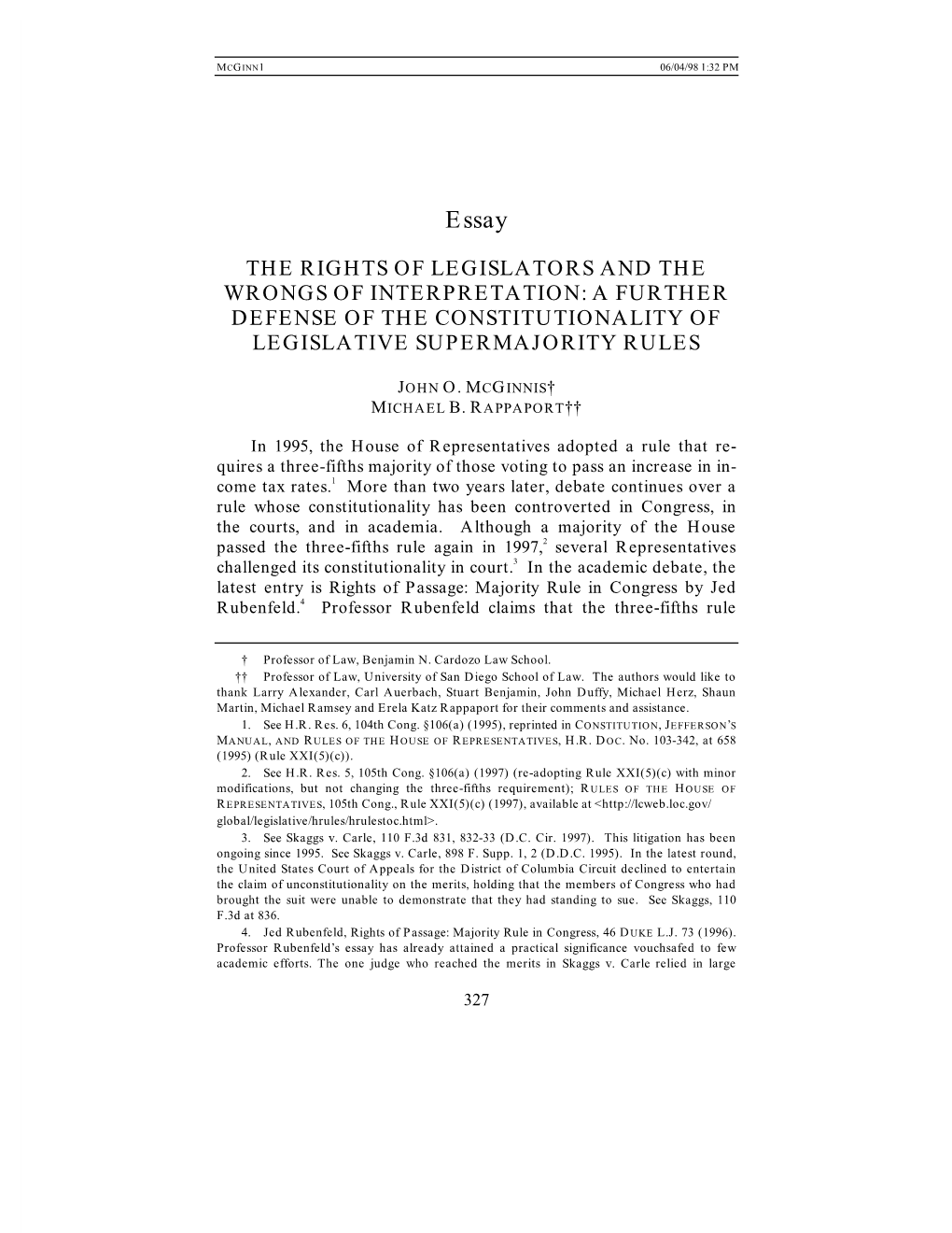 The Rights of Legislators and the Wrongs of Interpretation: a Further Defense of the Constitutionality of Legislative Supermajority Rules