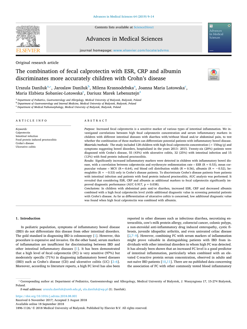 The Combination of Fecal Calprotectin with ESR, CRP and Albumin Discriminates More Accurately Children with Crohn's Disease