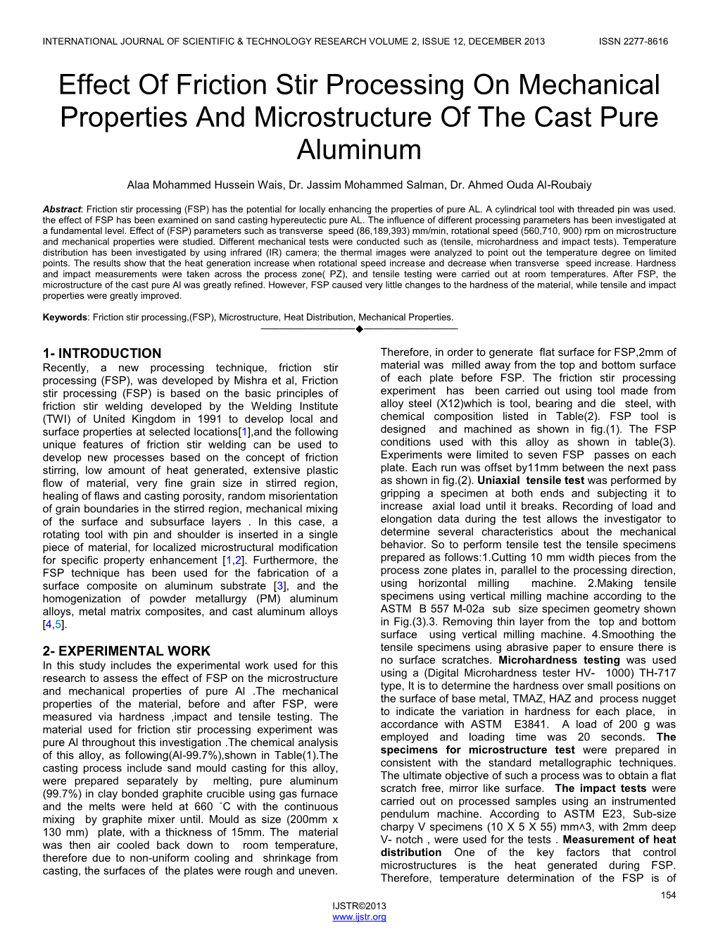 Effect of Friction Stir Processing on Mechanical Properties and Microstructure of the Cast Pure Aluminum