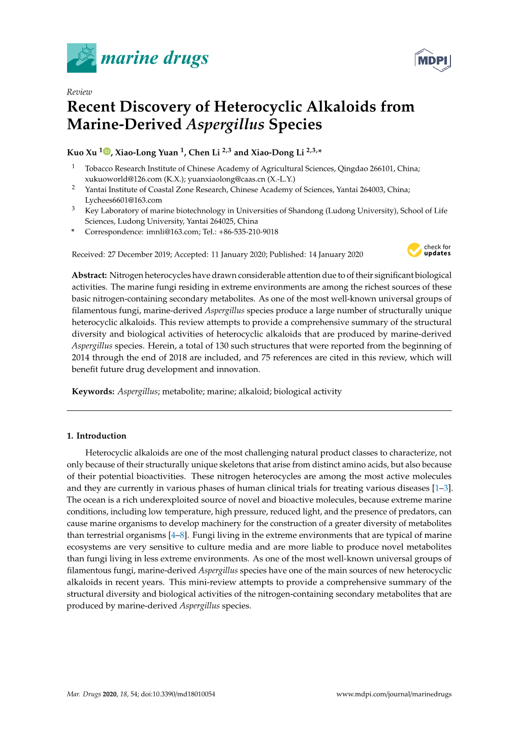 Recent Discovery of Heterocyclic Alkaloids from Marine-Derived Aspergillus Species