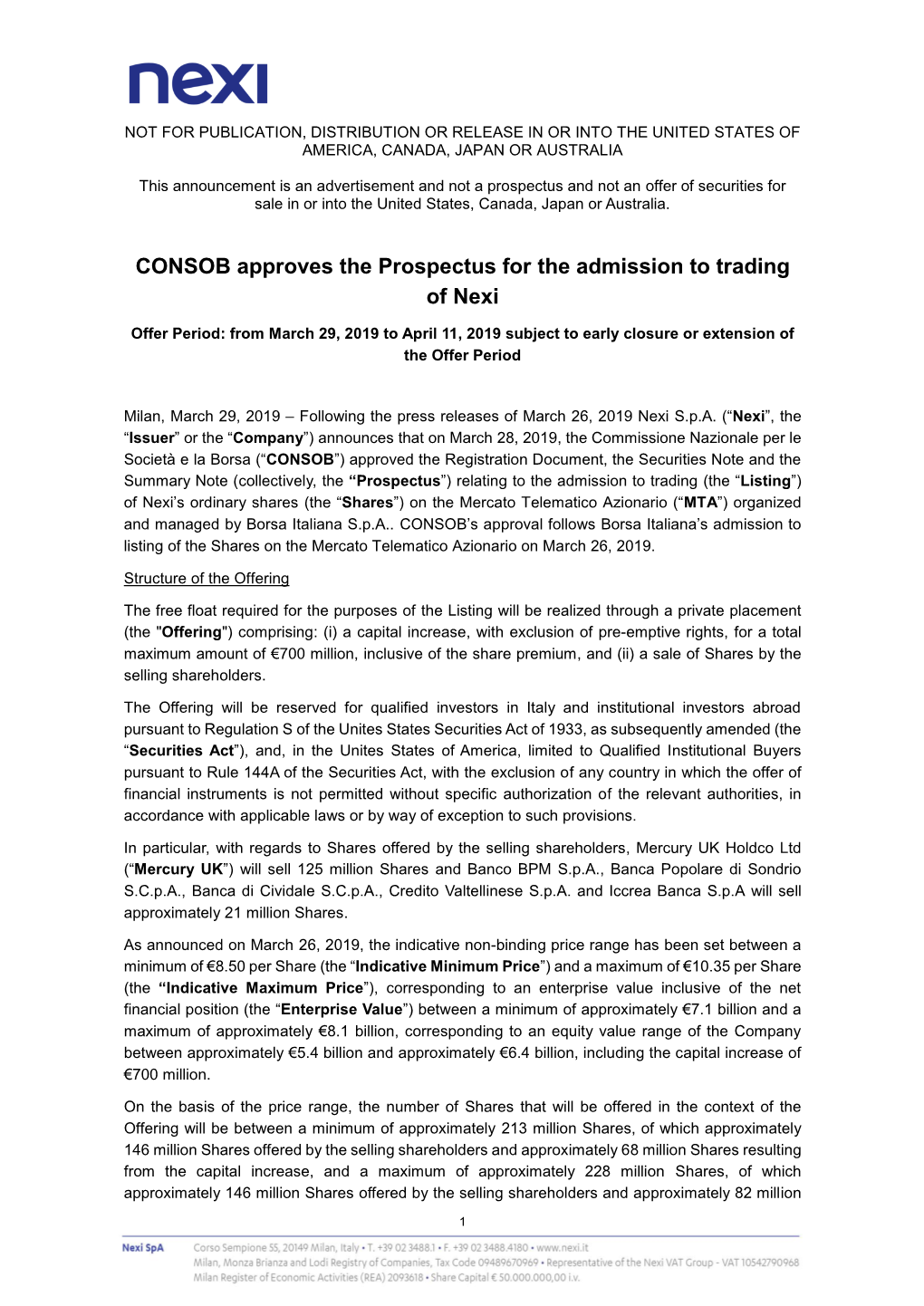CONSOB Approves the Prospectus for the Admission to Trading of Nexi