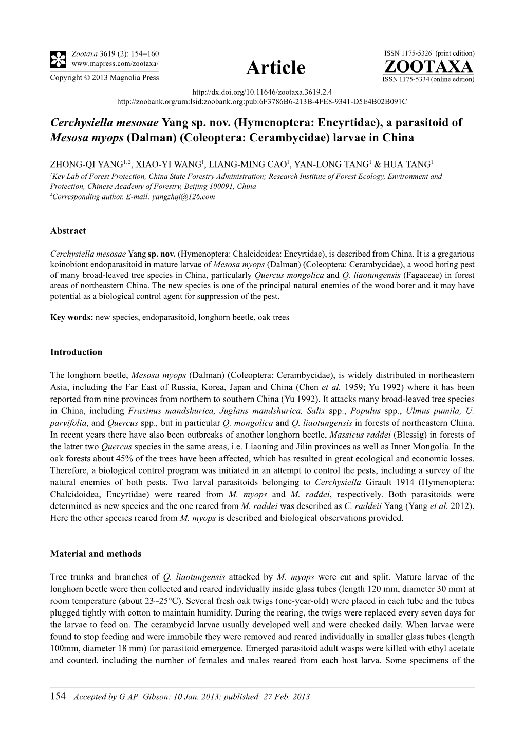 A Parasitoid of Mesosa Myops (Dalman) (Coleoptera: Cerambycidae) Larvae in China