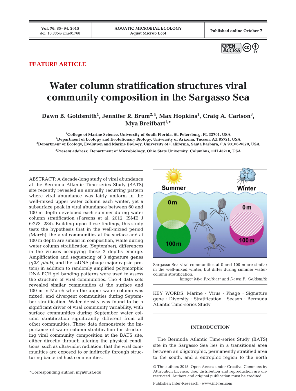 Water Column Stratification Structures Viral Community Composition in the Sargasso Sea