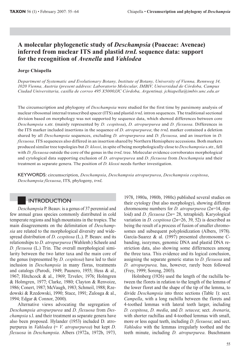 A Molecular Phylogenetic Study of Deschampsia (Poaceae: Aveneae