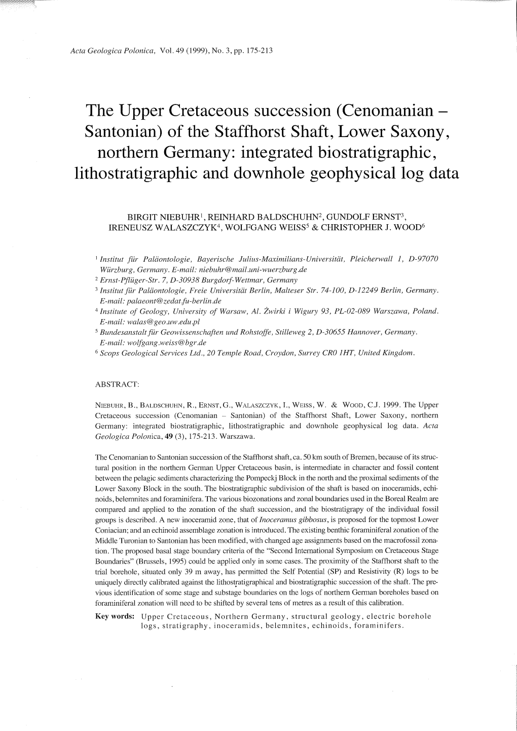 The Upper Cretaceous Succession (Cenomanian- Santonian) of the Staffhorst Shaft, Lower Saxony, Northern Germany: Integrated Bios