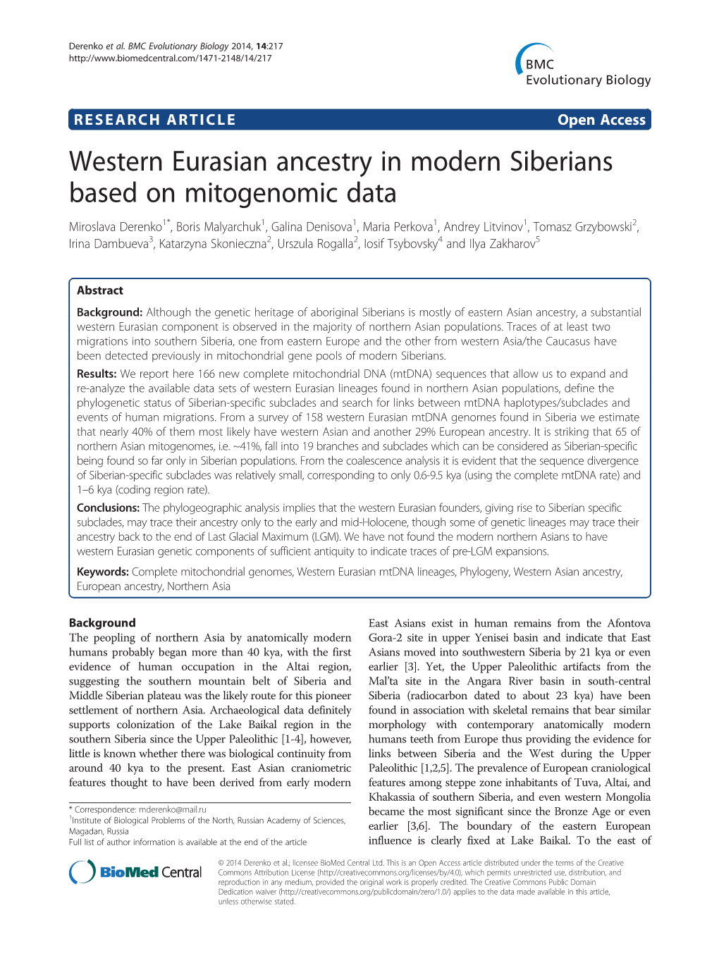 Western Eurasian Ancestry in Modern Siberians Based on Mitogenomic Data