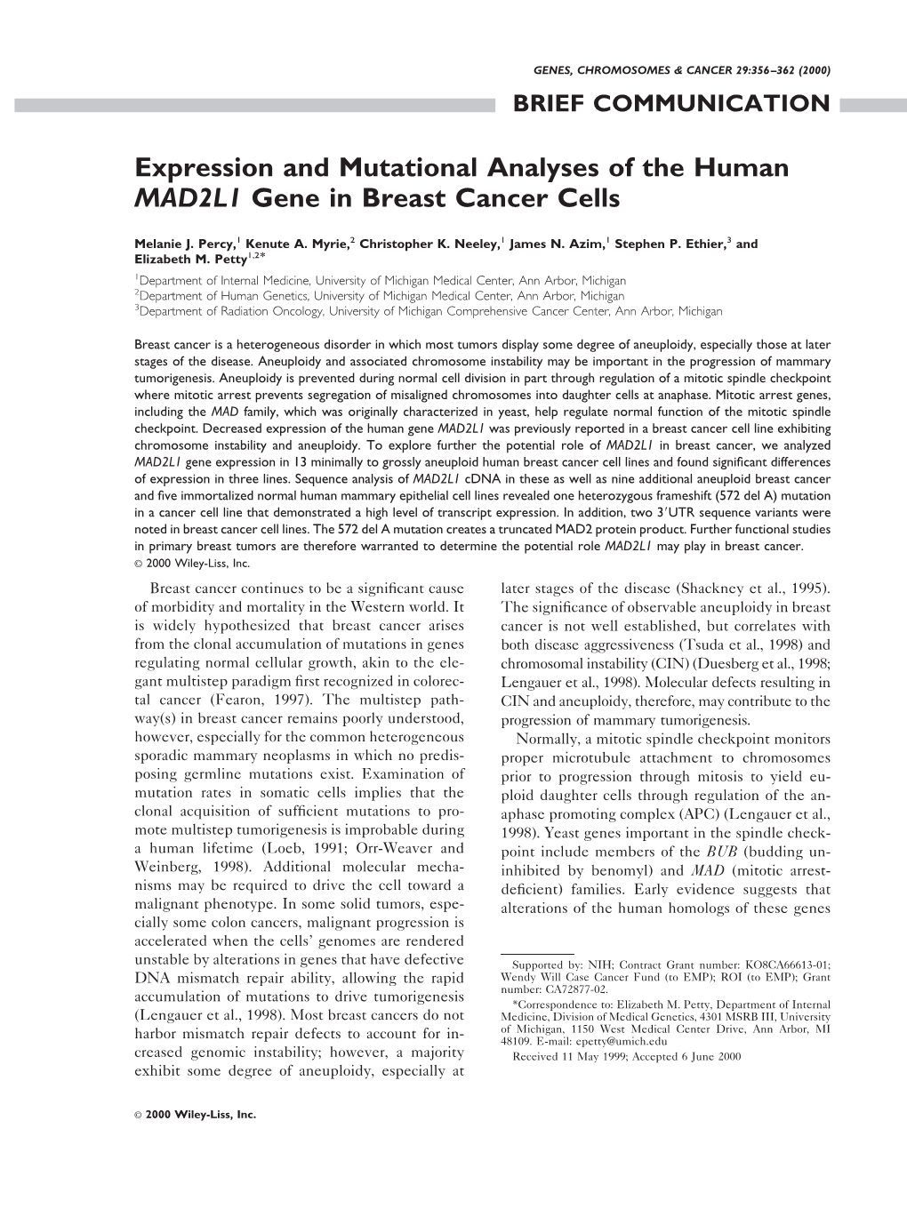 Expression and Mutational Analyses of the Human MAD2L1 Gene in Breast Cancer Cells