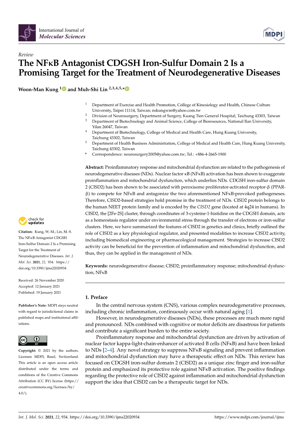 The NFB Antagonist CDGSH Iron-Sulfur Domain 2 Is a Promising