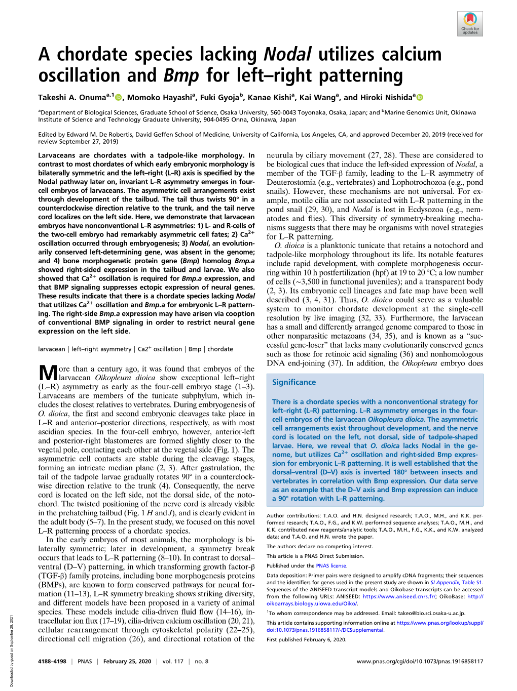 A Chordate Species Lacking Nodal Utilizes Calcium Oscillation and Bmp for Left–Right Patterning