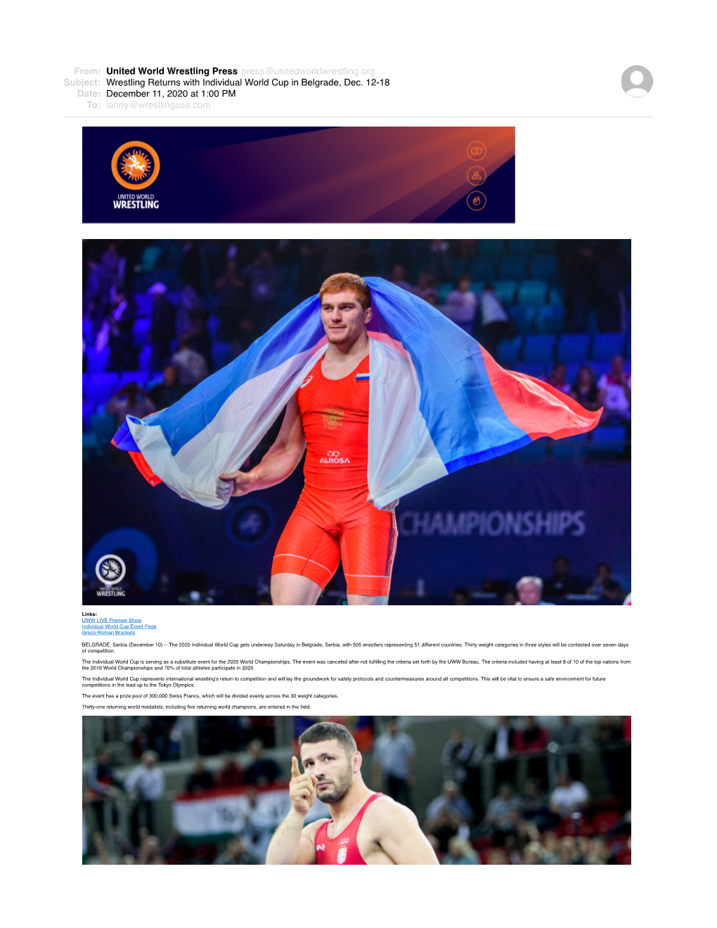 Wrestling Returns with Individual World Cup in Belgrade Dec 1218