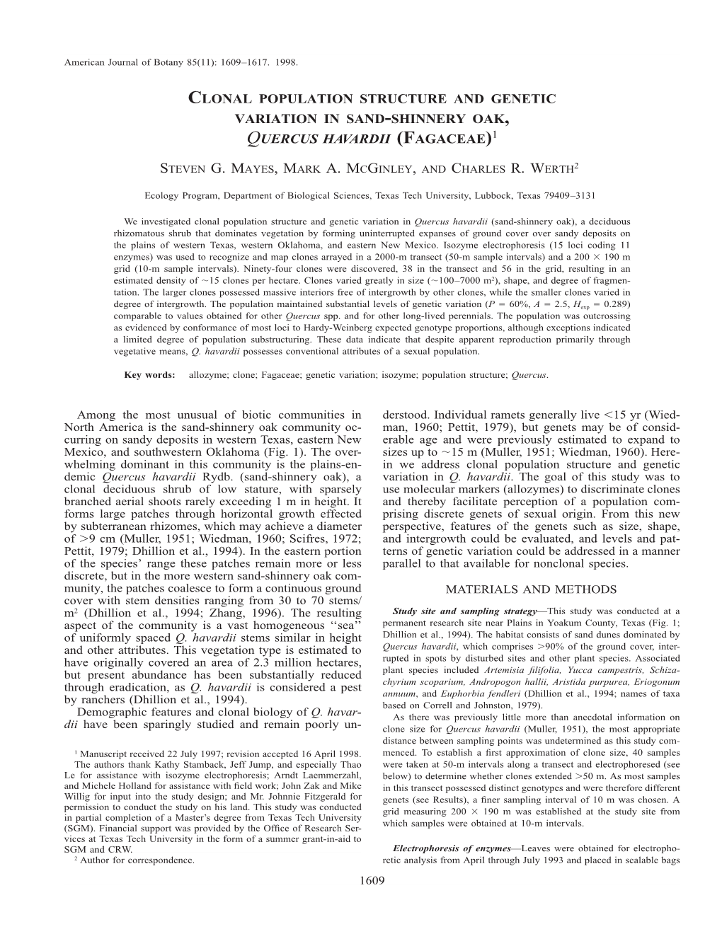 Clonal Population Structure and Genetic Variation in Sand-Shinnery Oak, Quercus Havardii (Fagaceae)1