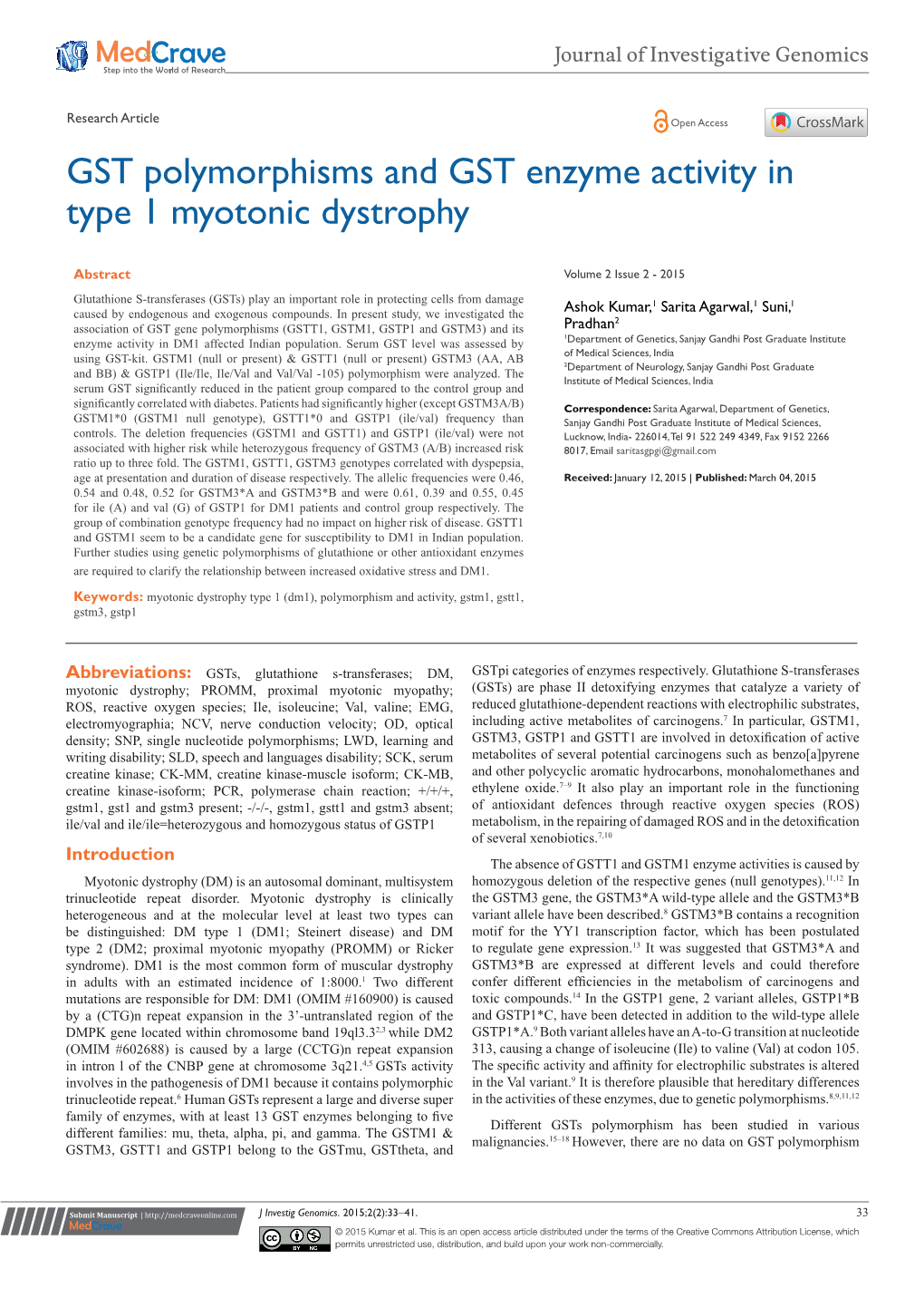 GST Polymorphisms and GST Enzyme Activity in Type 1 Myotonic Dystrophy