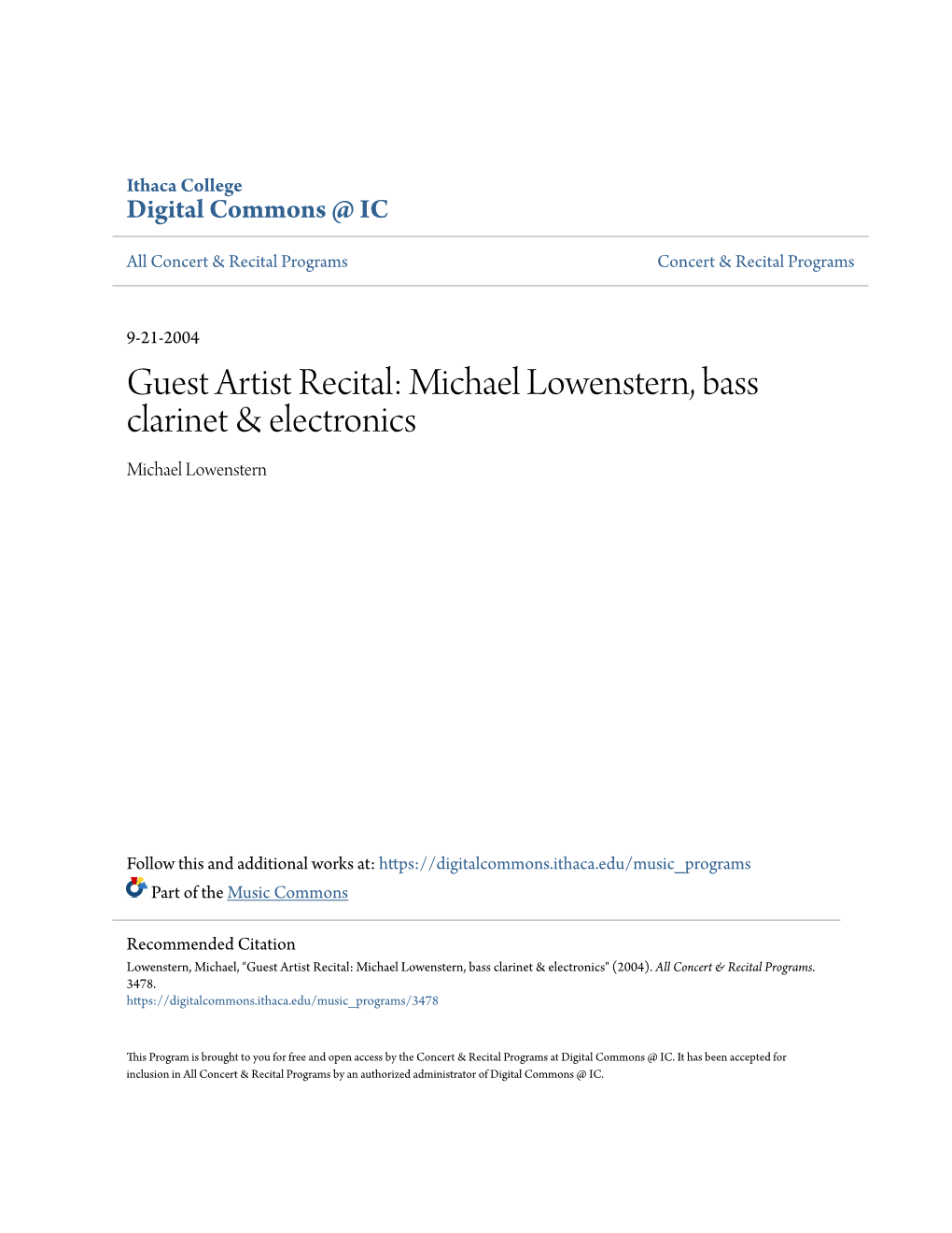 Guest Artist Recital: Michael Lowenstern, Bass Clarinet & Electronics Michael Lowenstern