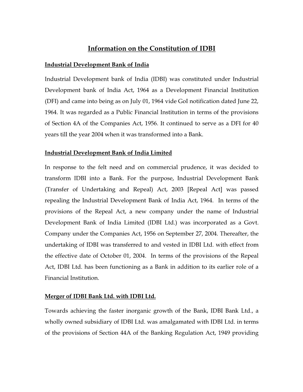 Information on the Constitution of IDBI