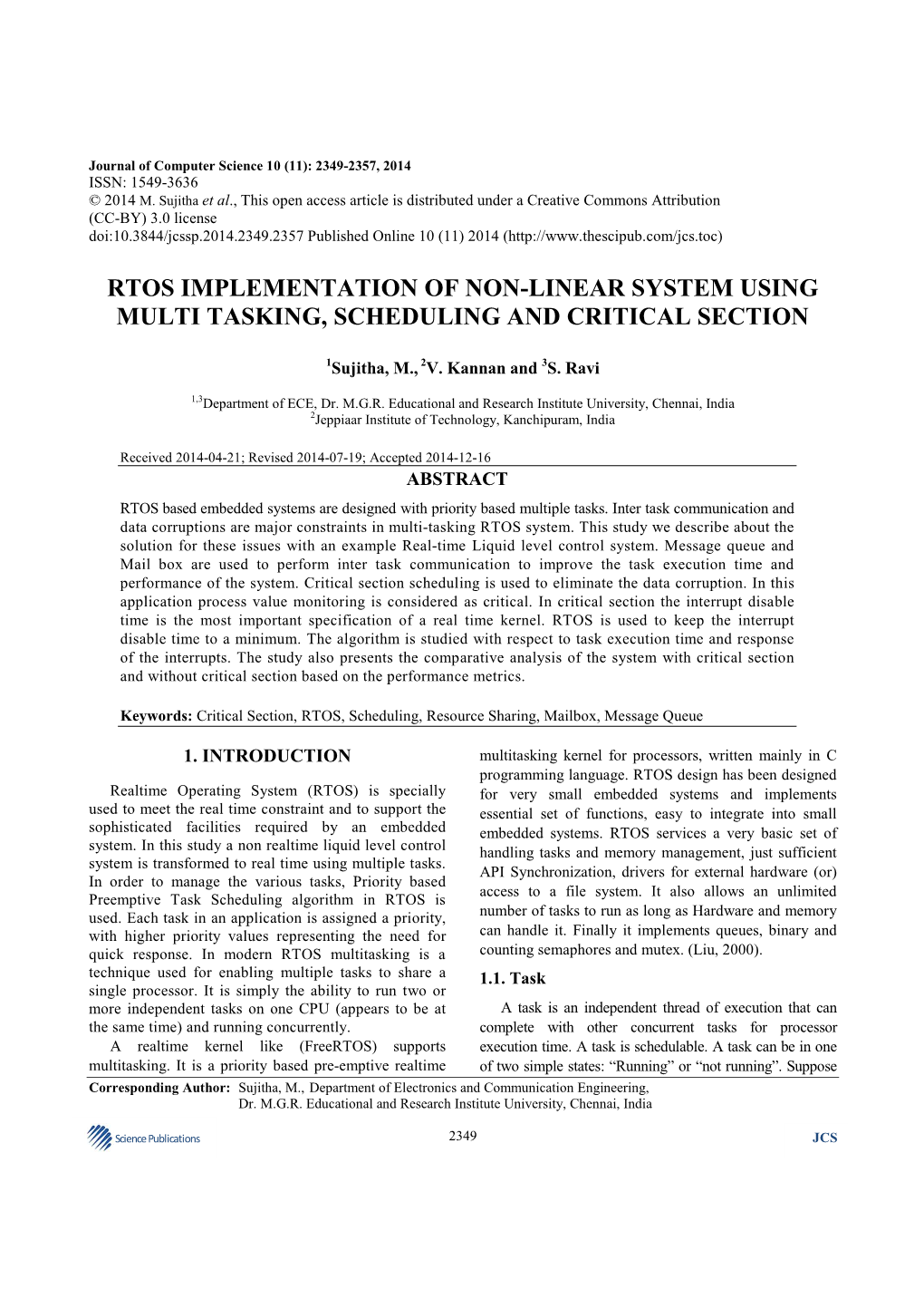 Rtos Implementation of Non-Linear System Using Multi Tasking, Scheduling and Critical Section