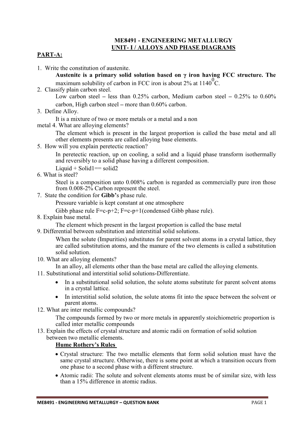 Me8491 - Engineering Metallurgy Unit- I / Alloys and Phase Diagrams Part-A