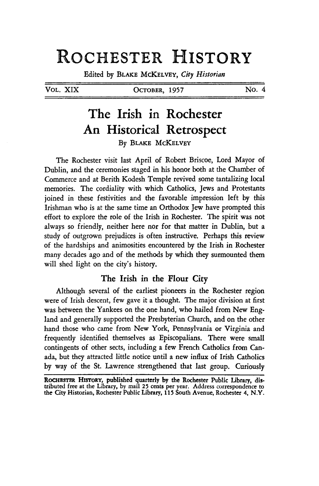 The Irish in Rochester a Historical Retrospect