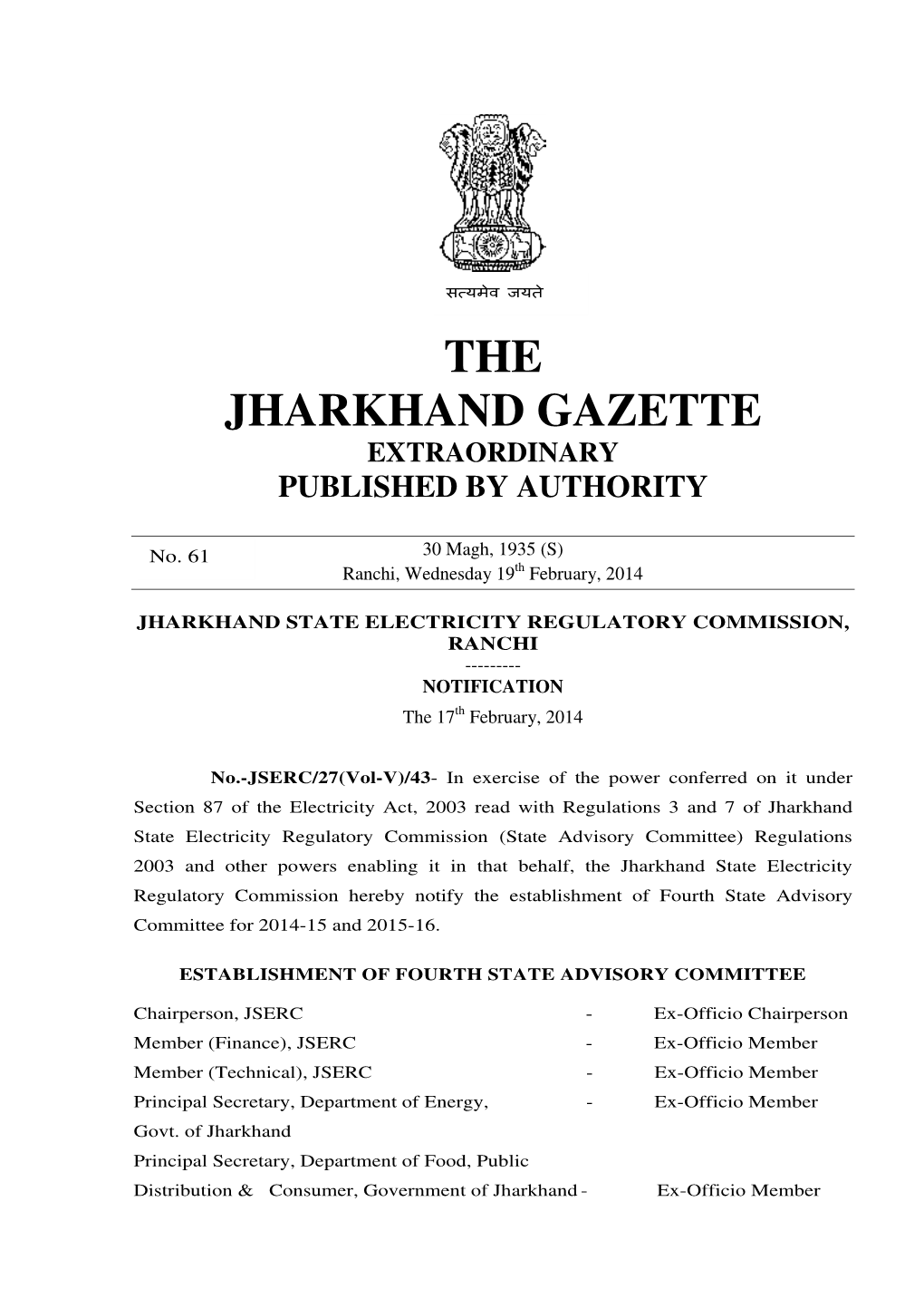 The Jharkhand Gazette Extraordinary Published by Authority