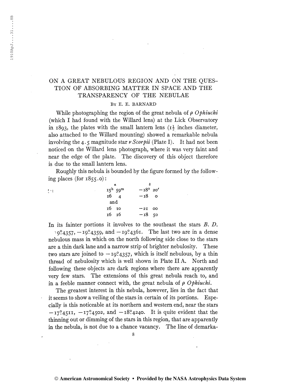 1910Ap J 31 8B on a GREAT NEBULOUS REGION