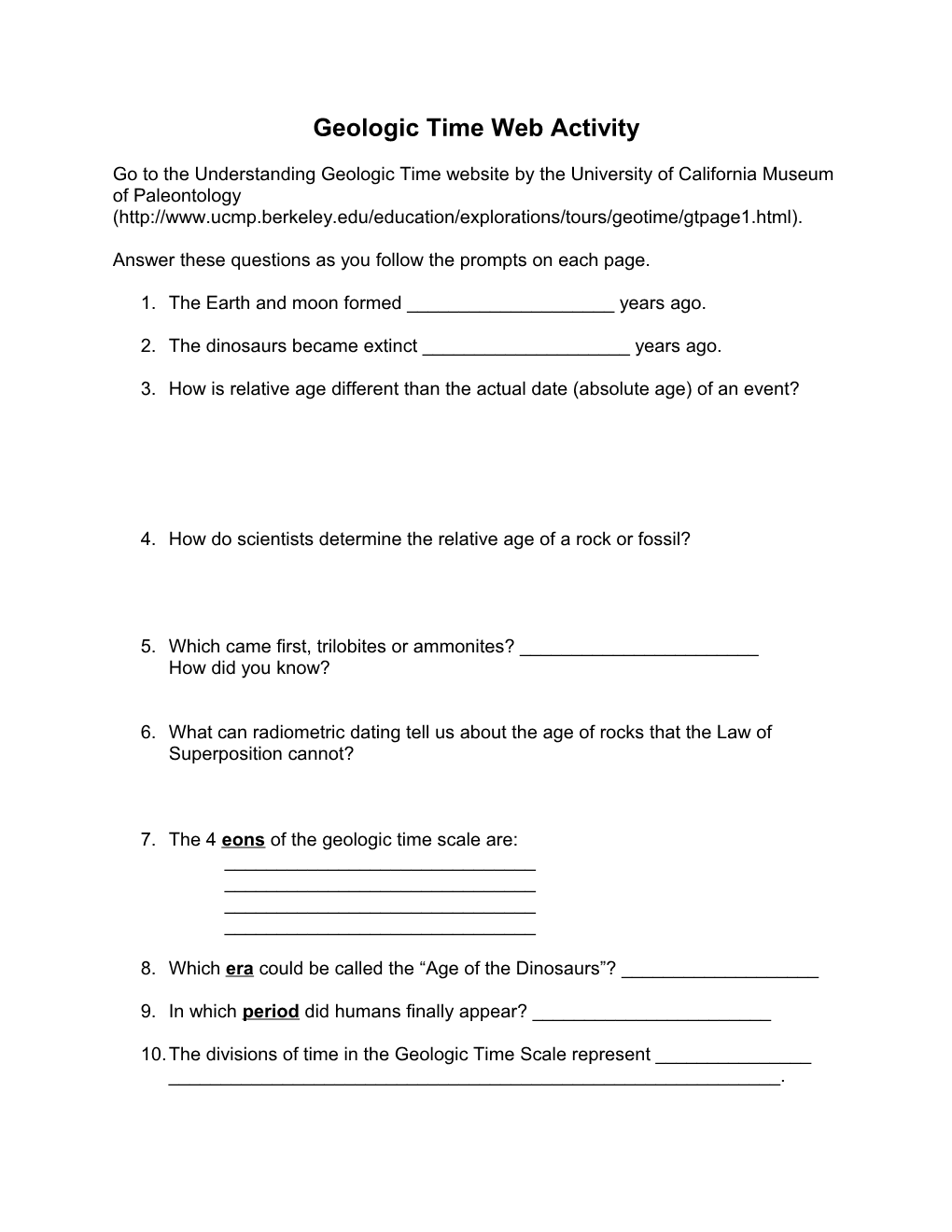 Geologic Time Web Activity