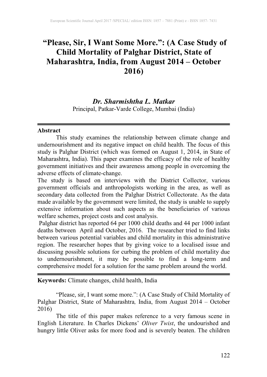 A Case Study of Child Mortality of Palghar District, State of Maharashtra, India, from August 2014 – October 2016)